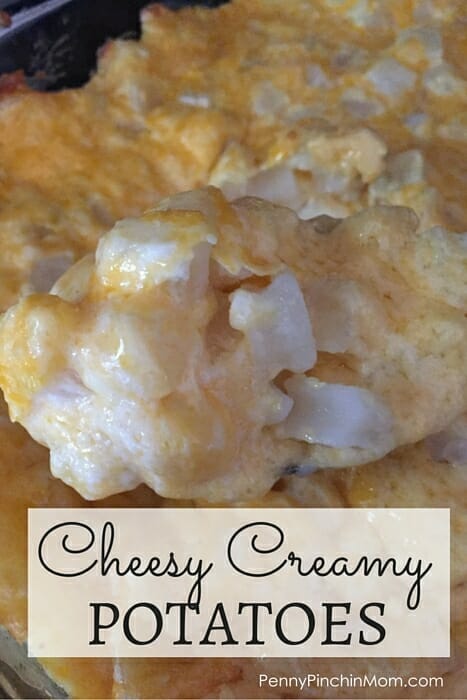 These cheesy creamy potatoes are the PERFECT side to any dish!  No peeling.  No dicing.  Just a few minutes of mixing items together and into the oven it goes!